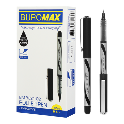 Ручка ролер 0.7 мм, чорний, BUROMAX, BM.8321-02